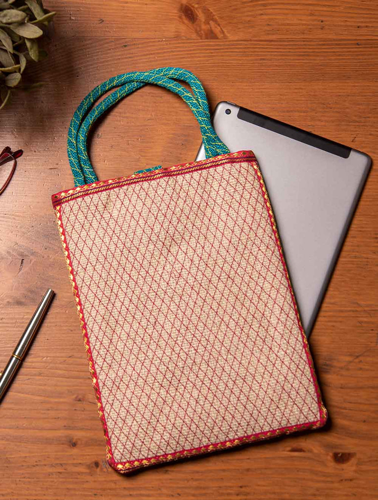  Jute & Silk Ipad Case with Zardozi / Dabka embroidery & Handles - 11 x 8.5 inches