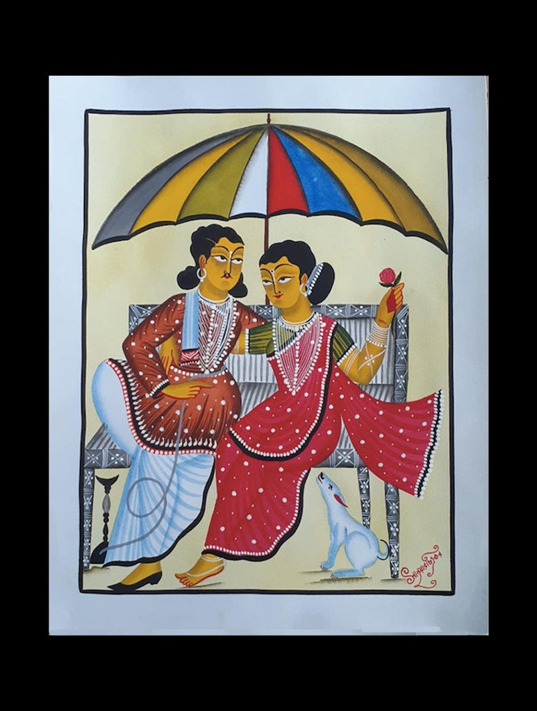 Kalighat Painting With Mount - Garden Moments (17" x 14")