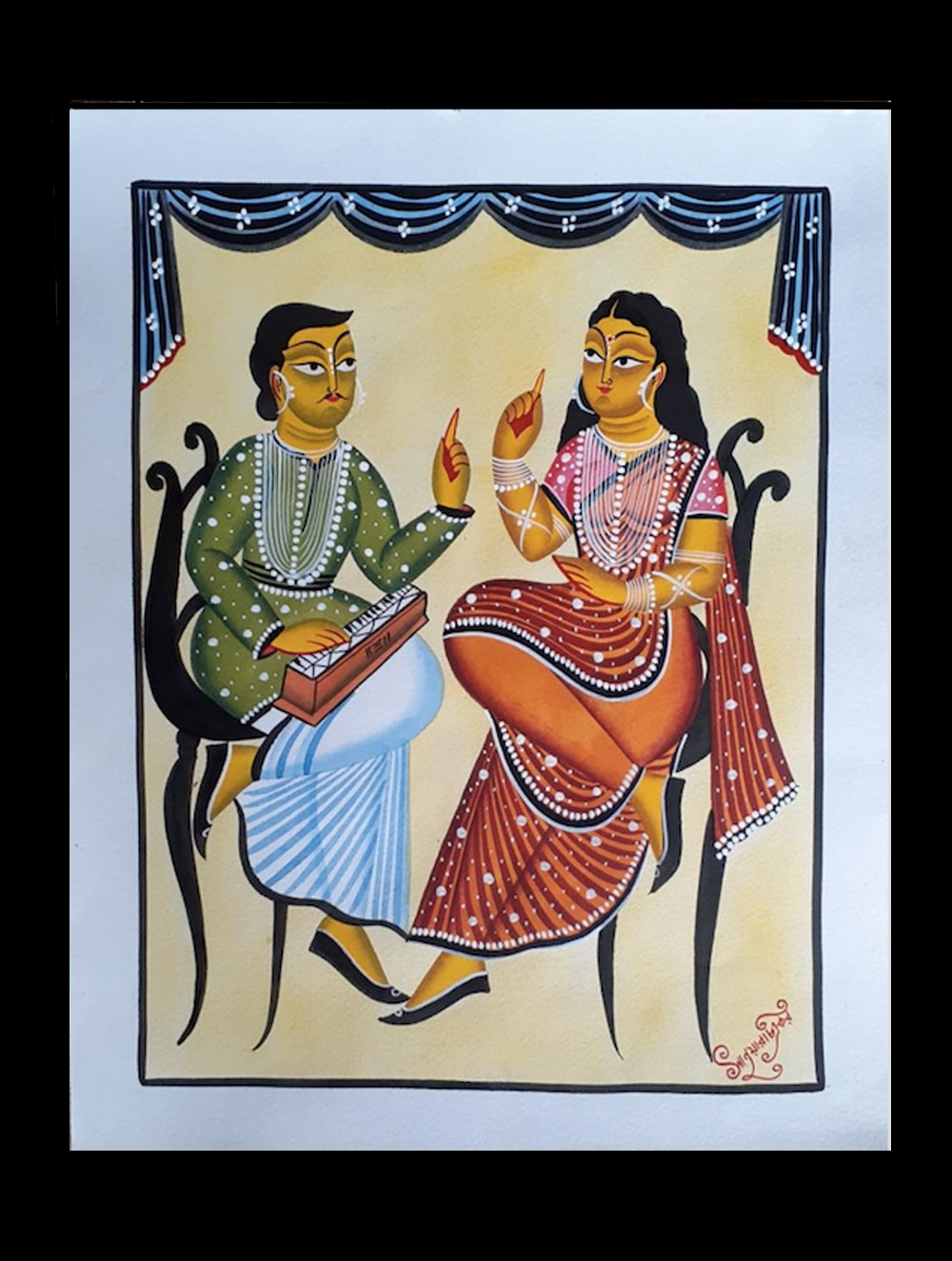 Load image into Gallery viewer, Kalighat Painting With Mount - Musical Moments (17&quot; x 14&quot;)