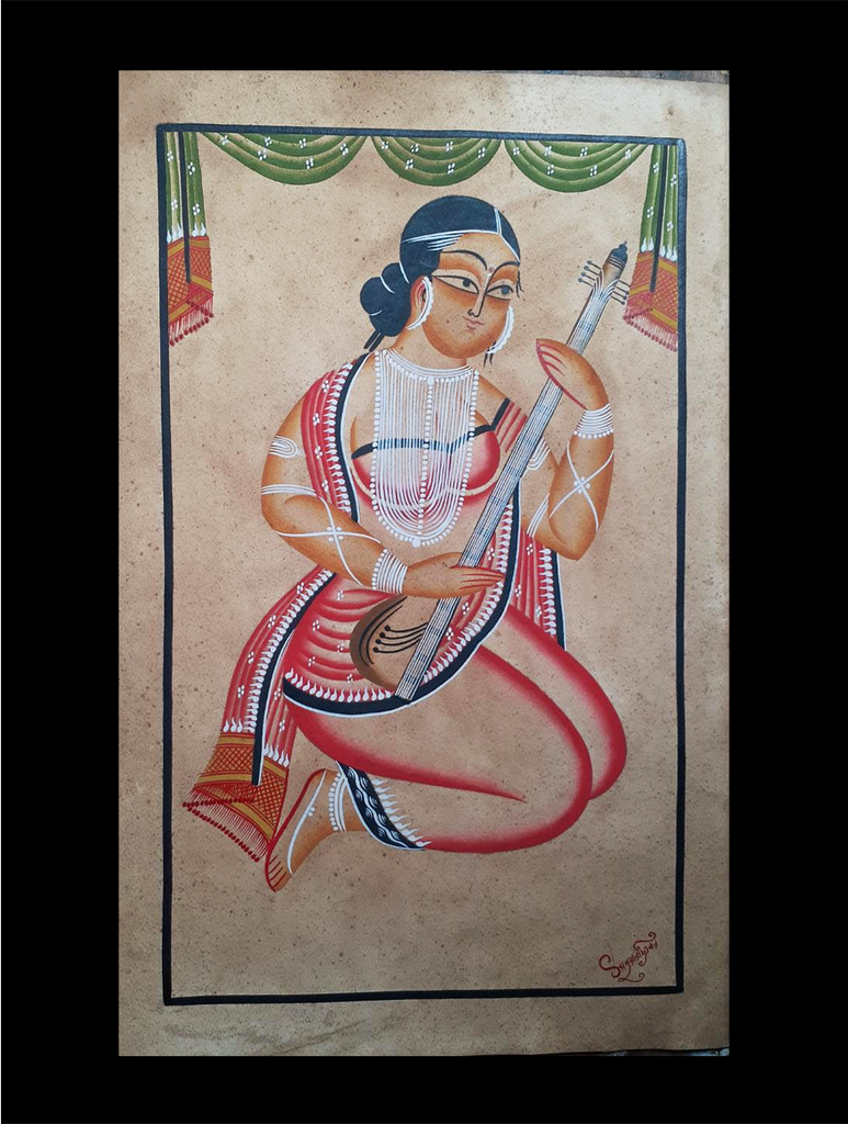 Kalighat Painting With Mount - Musician Lady (25" x 17")