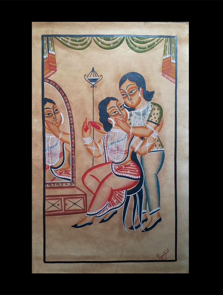 Kalighat Painting With Mount - The Couple (25" x 17")