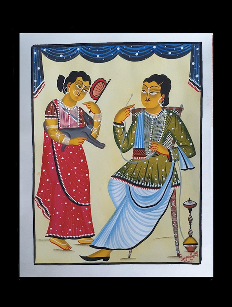 Kalighat Painting With Mount - Zamindar & Lady (17" x 14")