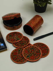 Kashmiri Art Papier Mache Desk Set - Coaster Set & Pen Stand, Bloom