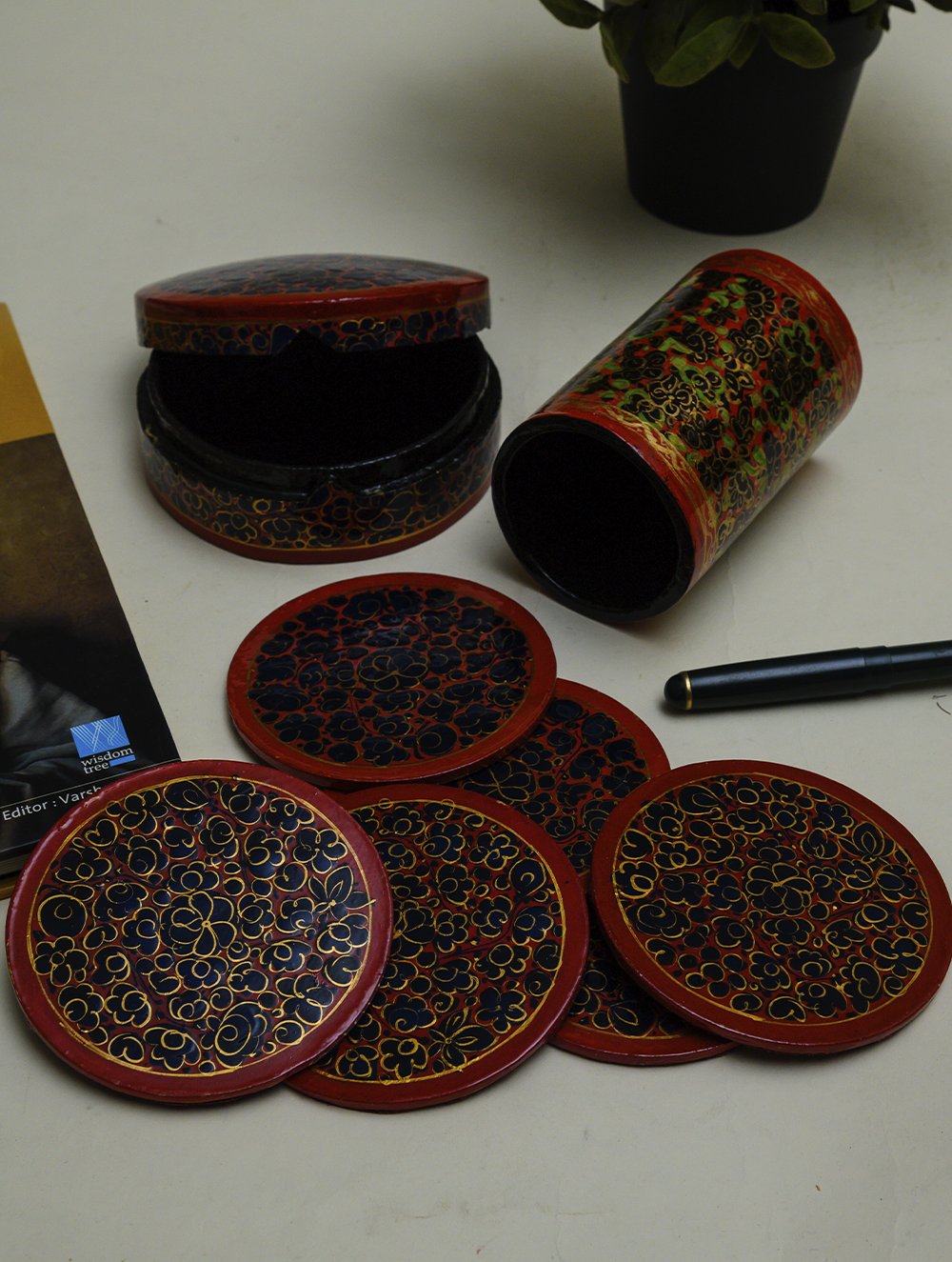 Kashmiri Art Papier Mache Desk Set - Coaster Set & Pen Stand, Gold Bloom