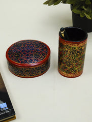 Kashmiri Art Papier Mache Desk Set - Coaster Set & Pen Stand, Gold Bloom