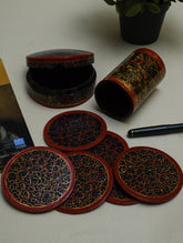 Kashmiri Art Papier Mache Desk Set - Coaster Set & Pen Stand, Gold Bloom
