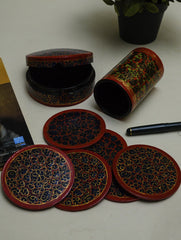 Kashmiri Art Papier Mache Desk Set - Coaster Set & Pen Stand, Gold Bloom