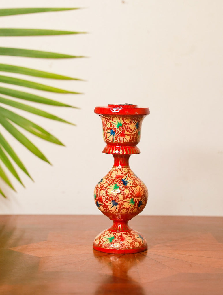 Kashmiri Art Candle Stand - Small, Red Floral