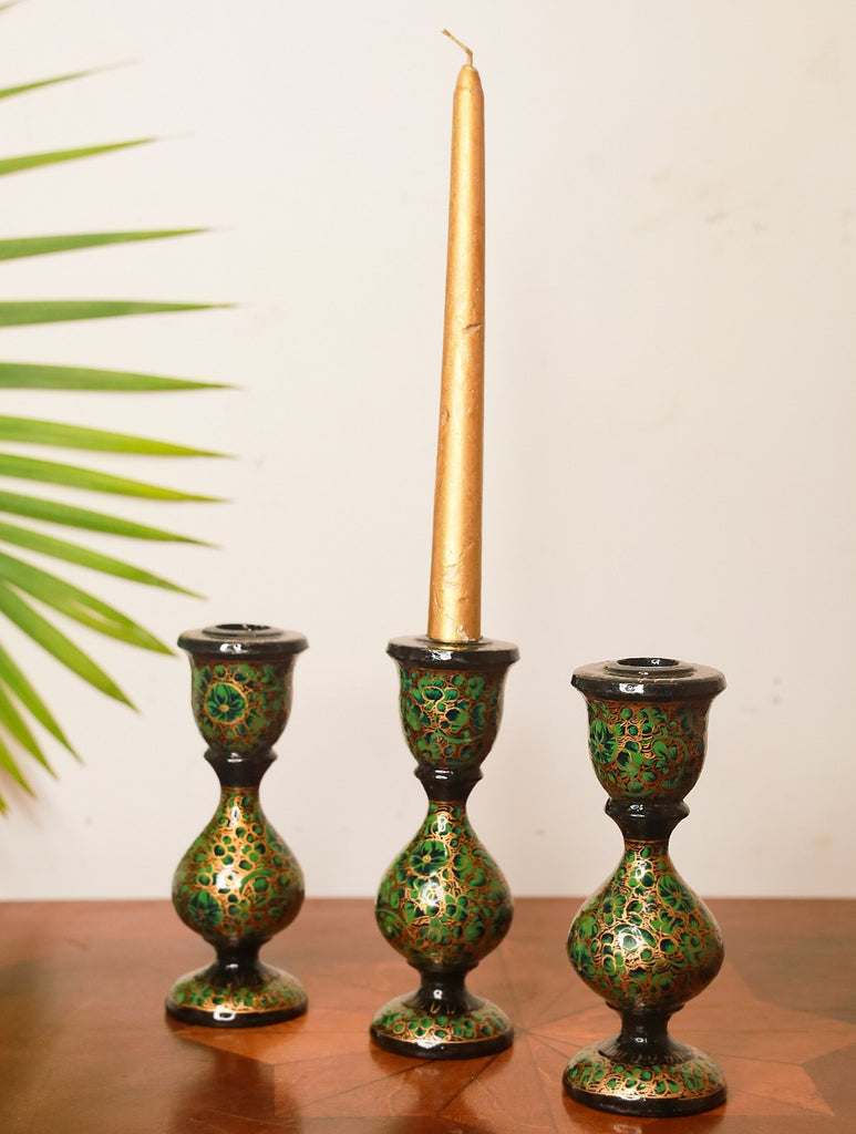 Kashmiri Art Candle Stands (Set of 3) - Small, Green Floral