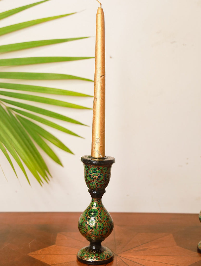 Kashmiri Art Candle Stands (Set of 3) - Small, Green Floral