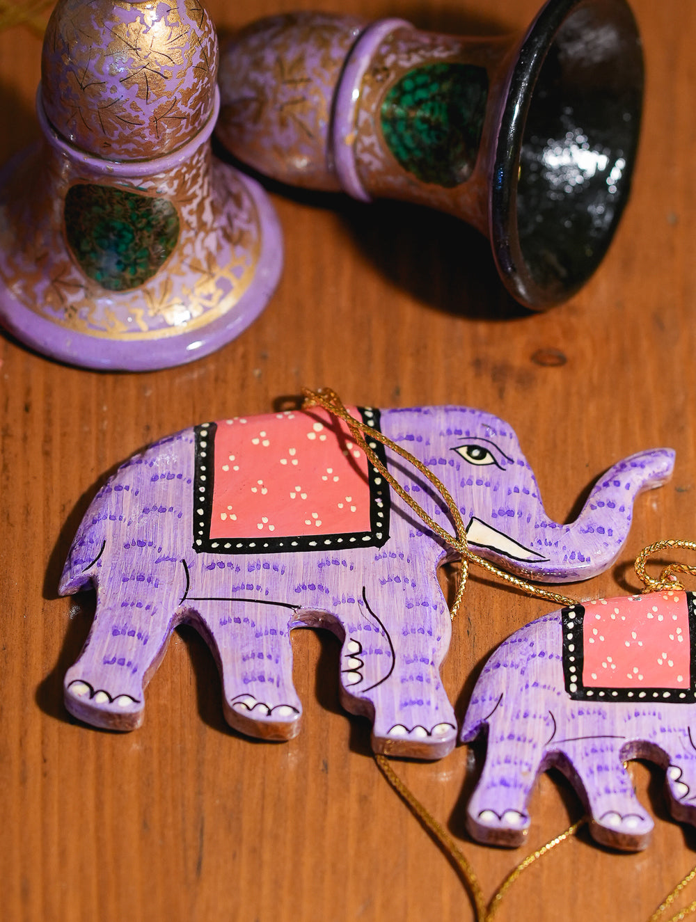 Load image into Gallery viewer, Kashmiri Art Xmas Decorations - Mauve Bells &amp; Elephants (Set of 5)