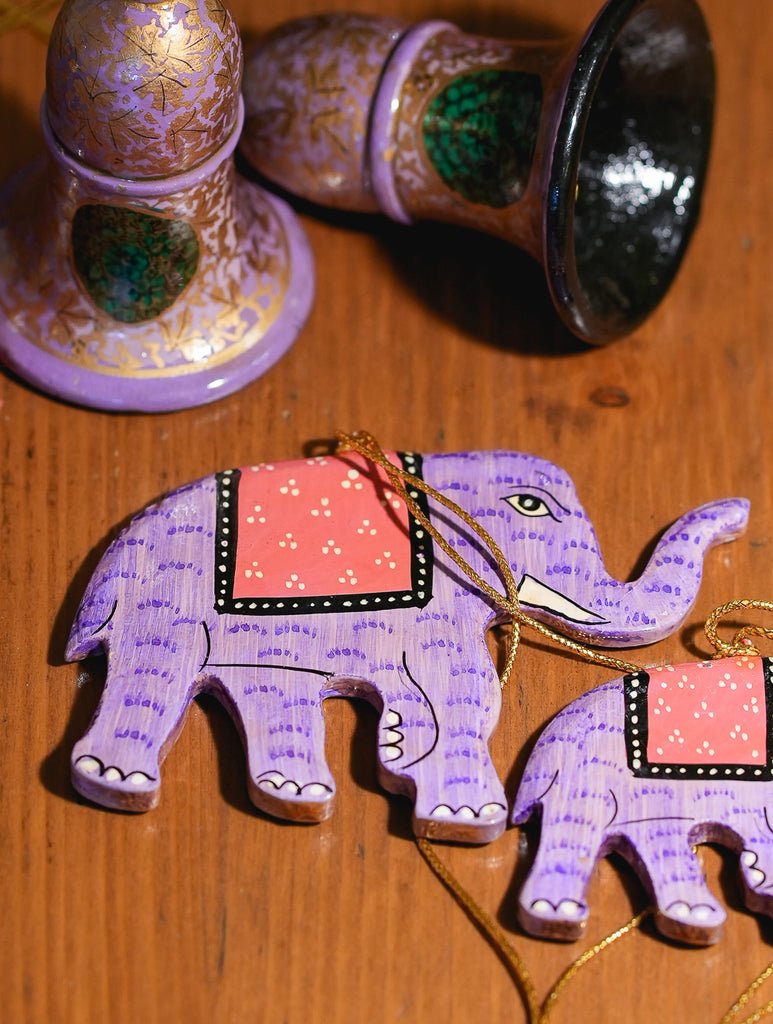 Kashmiri Art Xmas Decorations - Mauve Bells & Elephants (Set of 5)