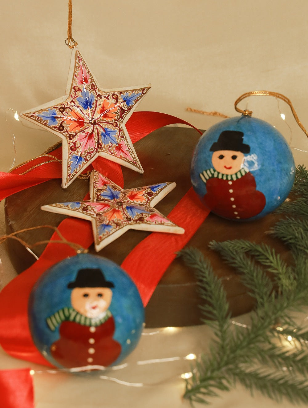Kashmiri Art Xmas Decorations - Set of 4 (2 Baubles & 2 Stars)