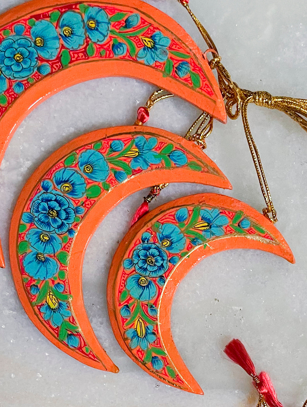 Kashmiri Art Xmas Decorations - Set of 6 (3 Moons, 3 Santa)