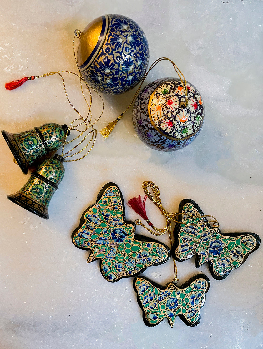Load image into Gallery viewer, Kashmiri Art Xmas Decorations - Set of 7 (3 Butterflies, 2 Baubles, 2 Bells)