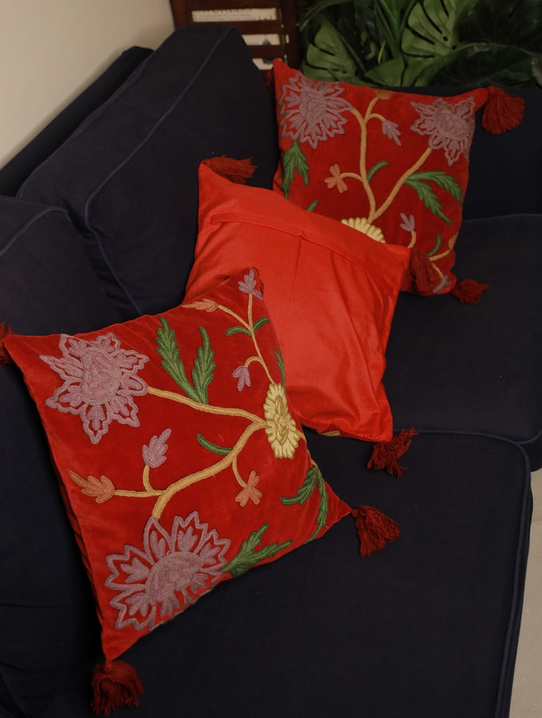 Kashmiri Crewel Work Velvet Cushion Covers - Vivid Red Flora, (Set of 3) 
