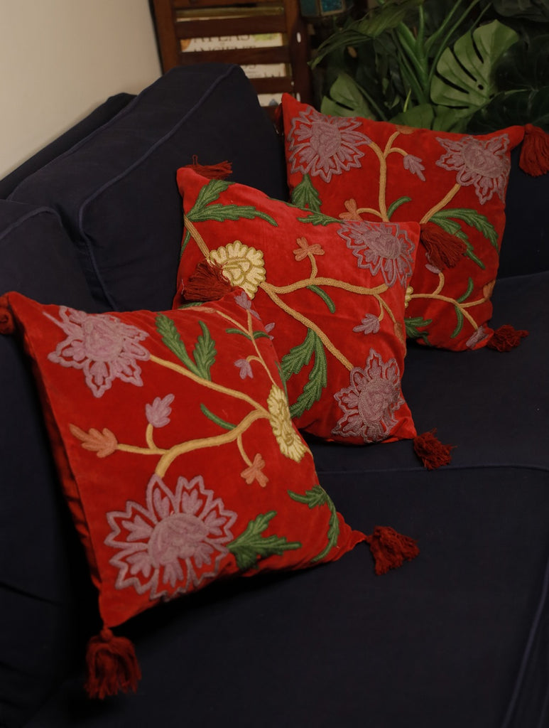 Kashmiri Crewel Work Velvet Cushion Covers - Vivid Red Flora, (Set of 3) 