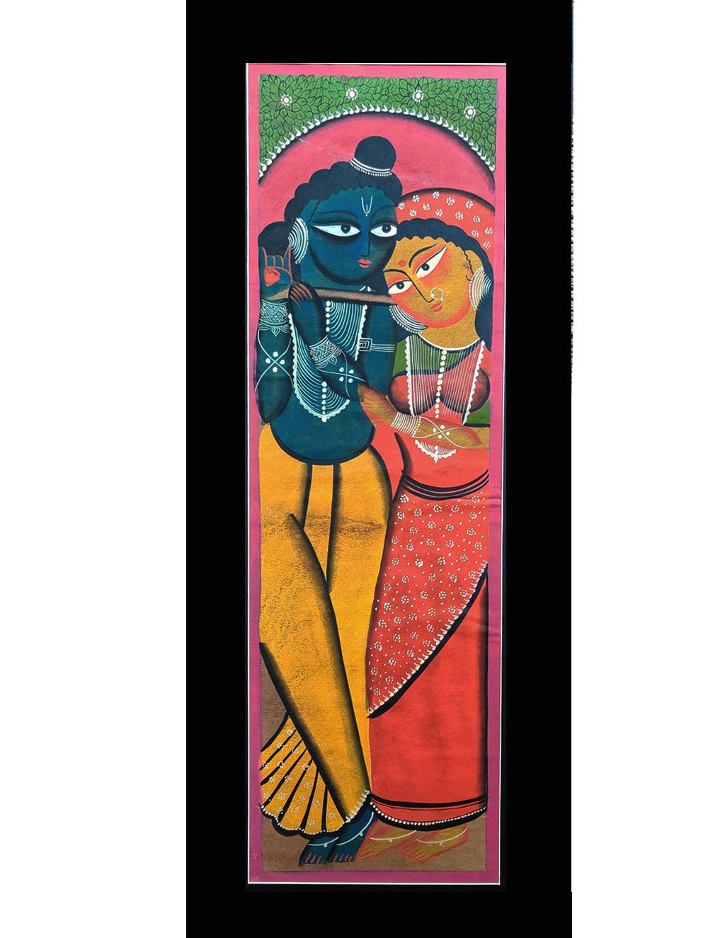 Large Kalighat Art Painting with Mount - Radha Krishna (27" X 10")