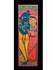 Large Kalighat Art Painting with Mount - Radha Krishna (27" X 10")
