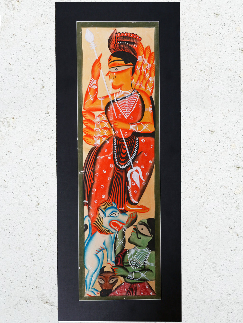 Large Kalighat Painting With Mount - Goddess Durga (25"x 10")