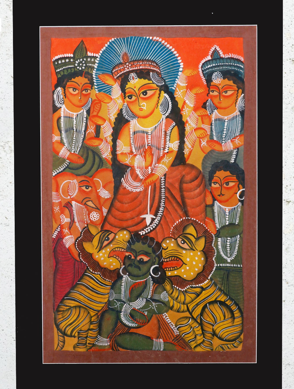 Large Kalighat Painting With Mount - Goddess Durga (25"x 17")