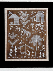 Large Warli Painting With Mount - Village Scene (16"x13.5")