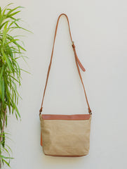 Leather & Fabric Sling Bag - Camel & Beige