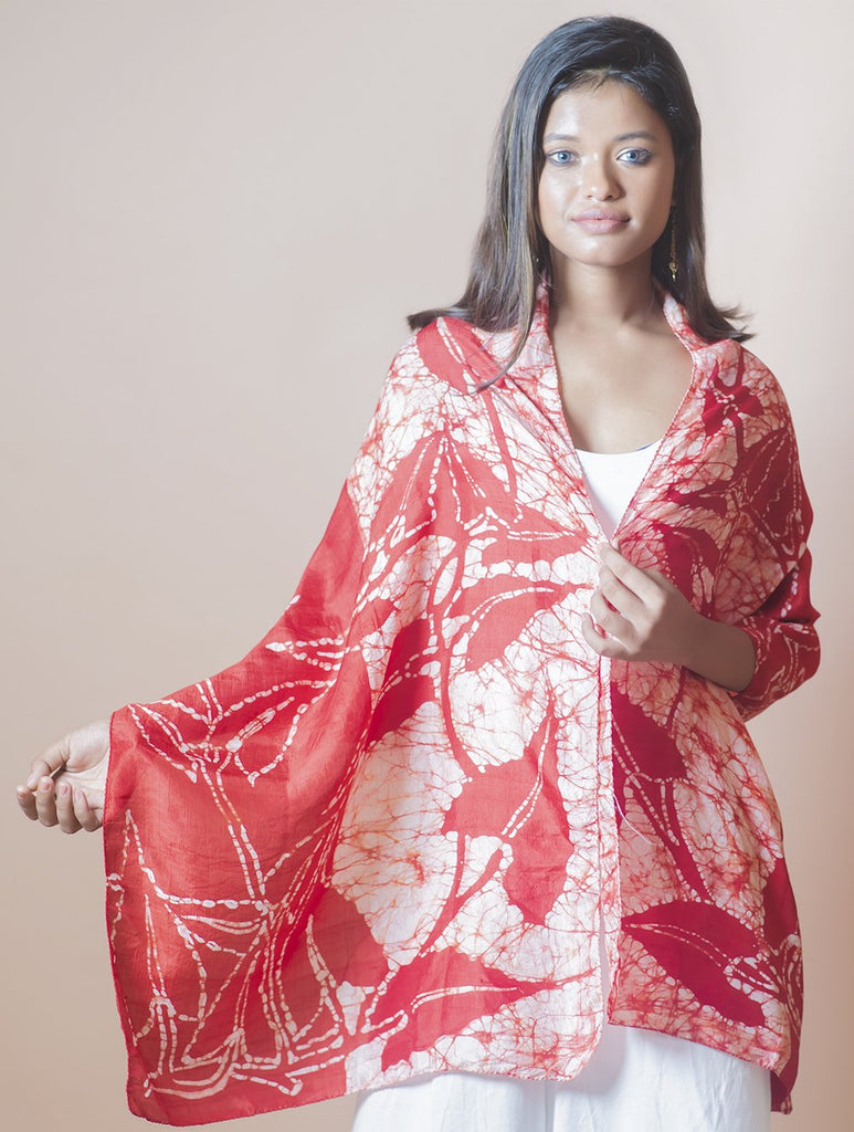Light & Elegant Silk Batik Stole - Deep Red & Beige