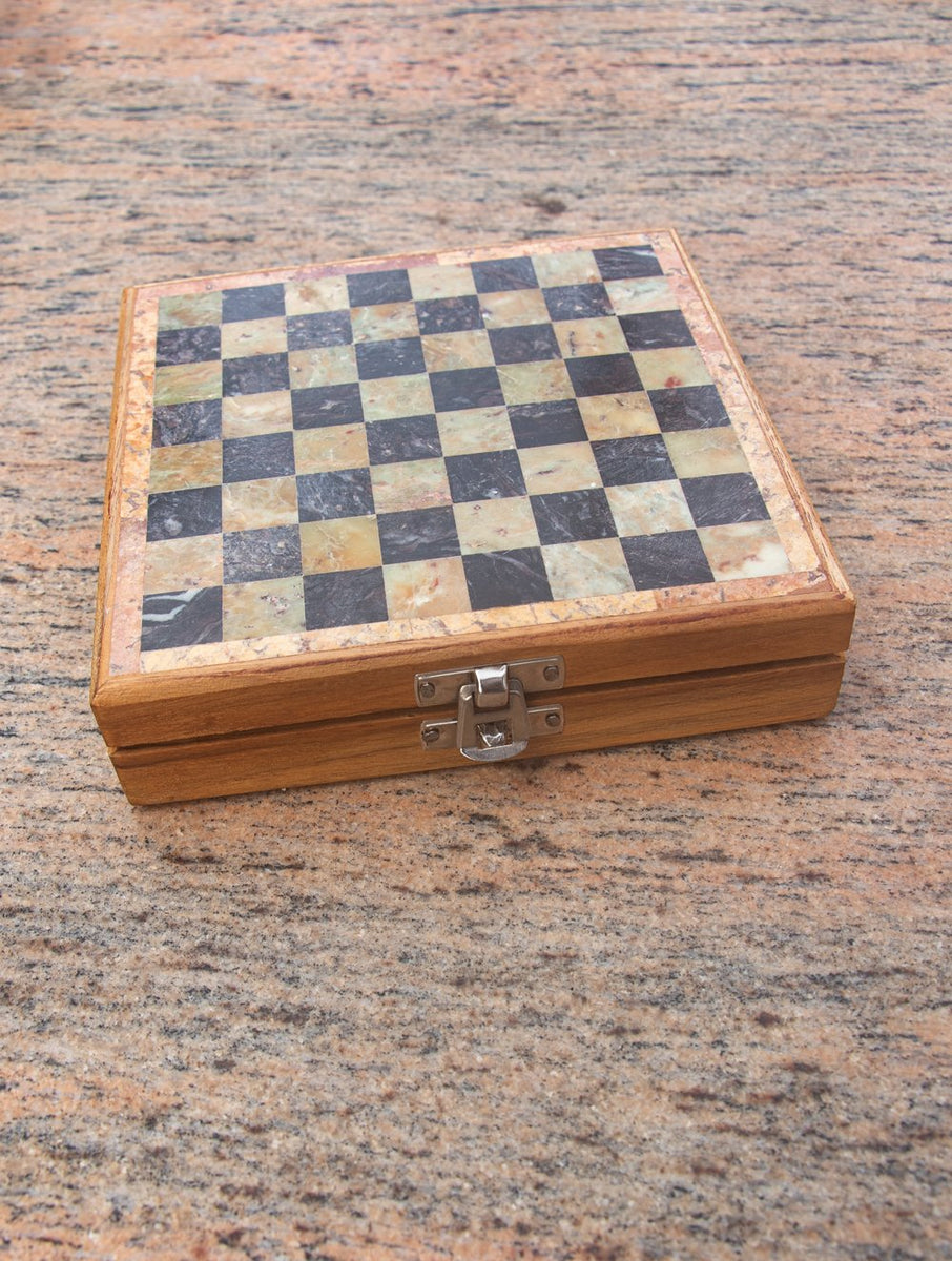 Marble Cottage Chess Board in Pink Marble with Metal Pieces Indian