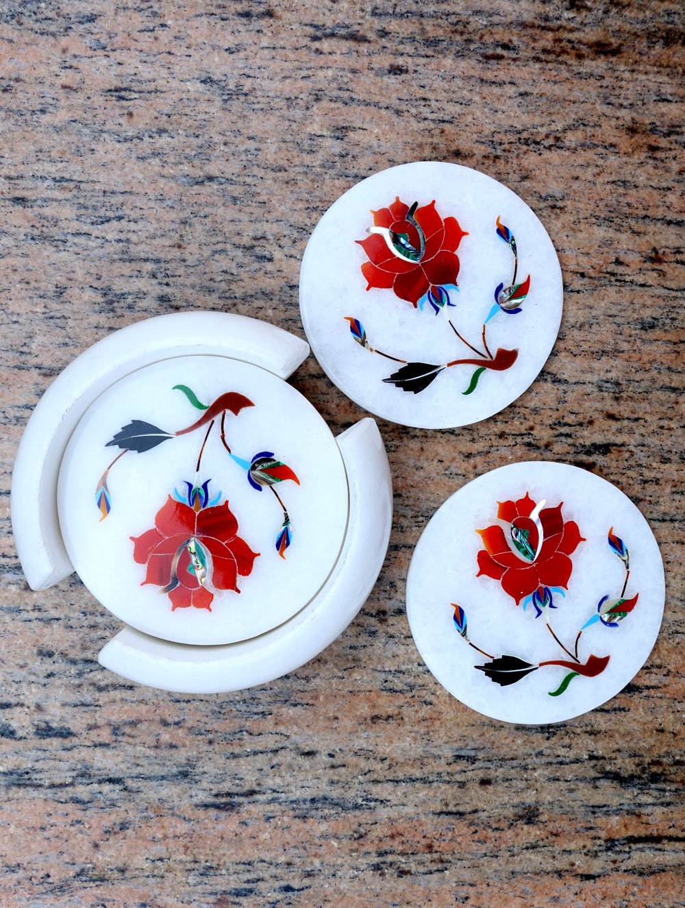 Marble Inlay Round Coaster Set with Holder