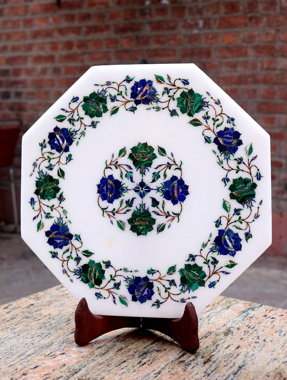 Marble Inlay Round Plate Curio with Stand