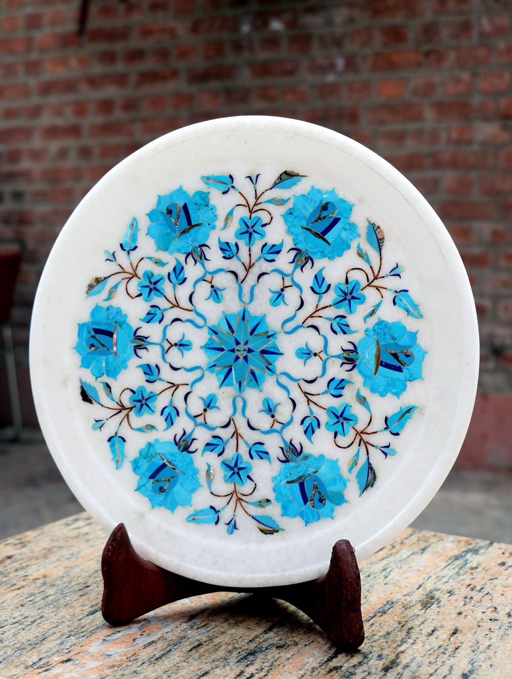 Marble Inlay Round Plate Curio with Stand