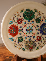 Marble Inlay Round Plate Curio With Stand - Blue Medley