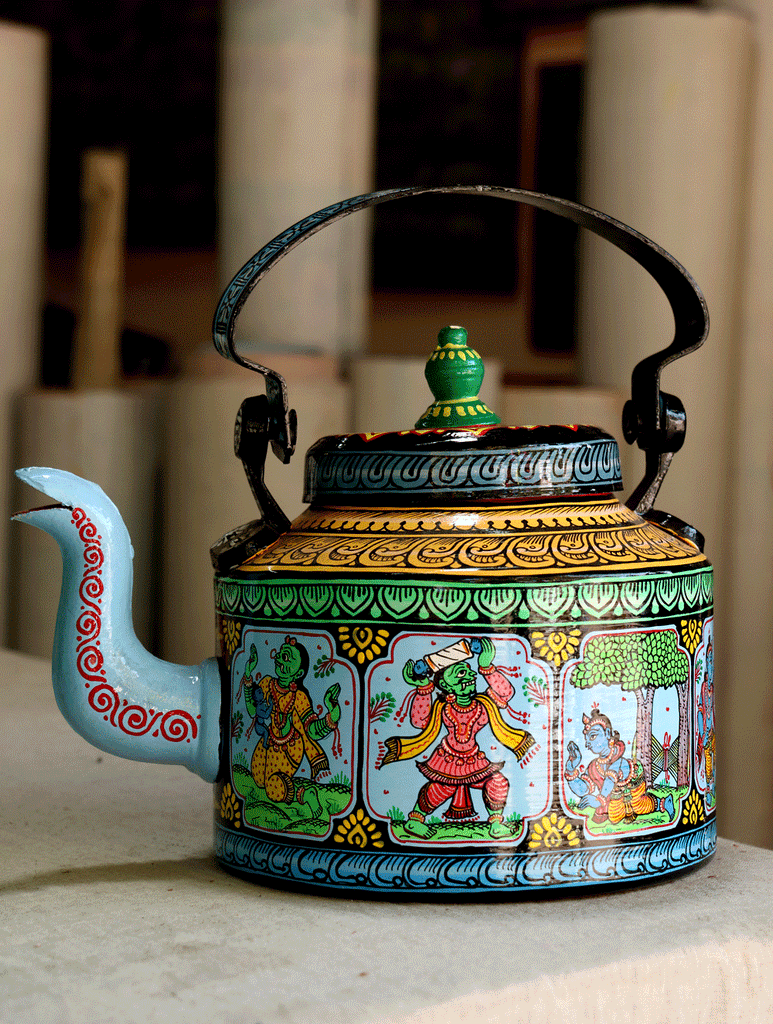 Pattachitra Art - Tin Teapot, Large - The India Craft House 