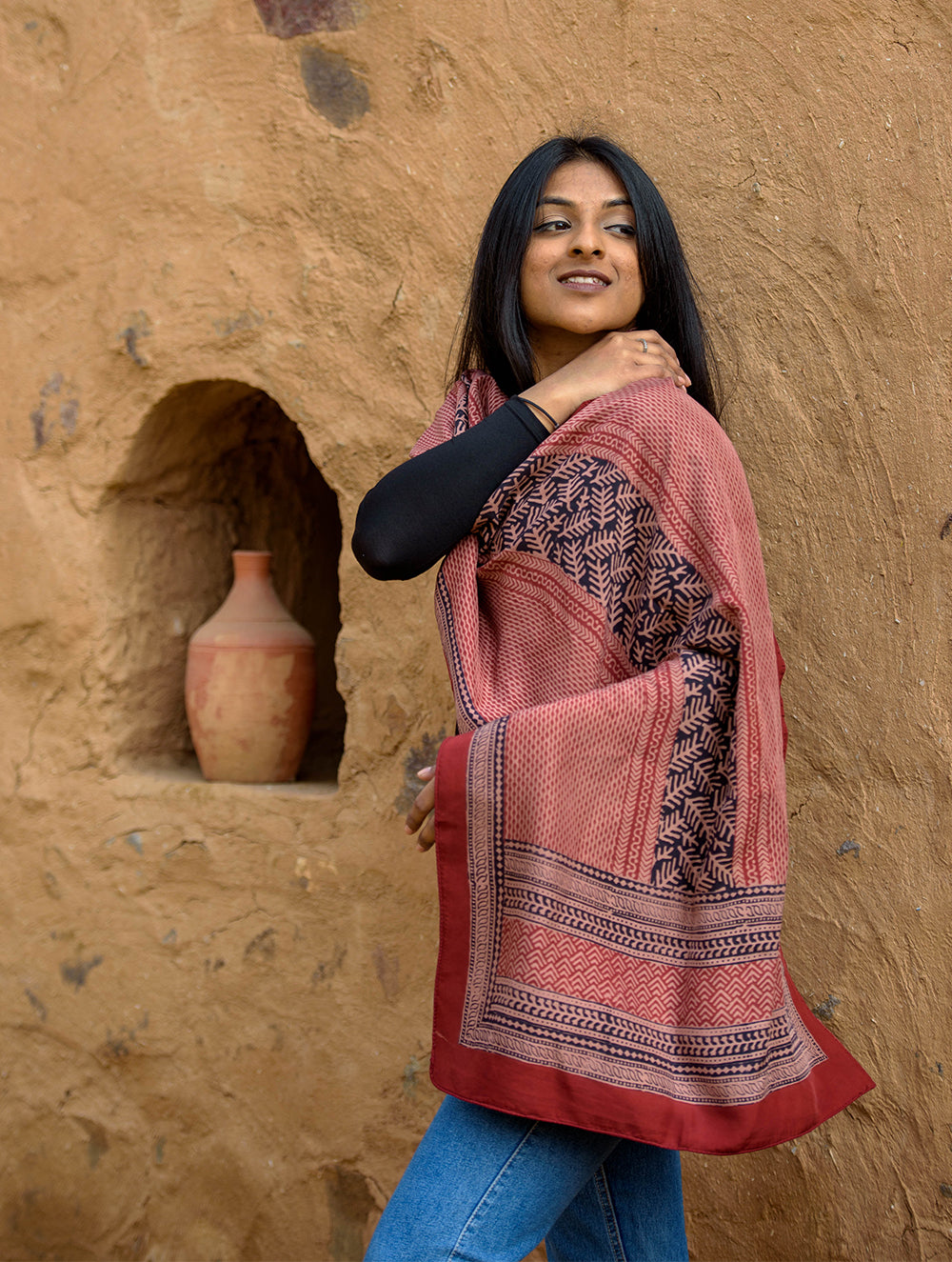 Pure Silk Bagh Printed Stole - Red Stripes