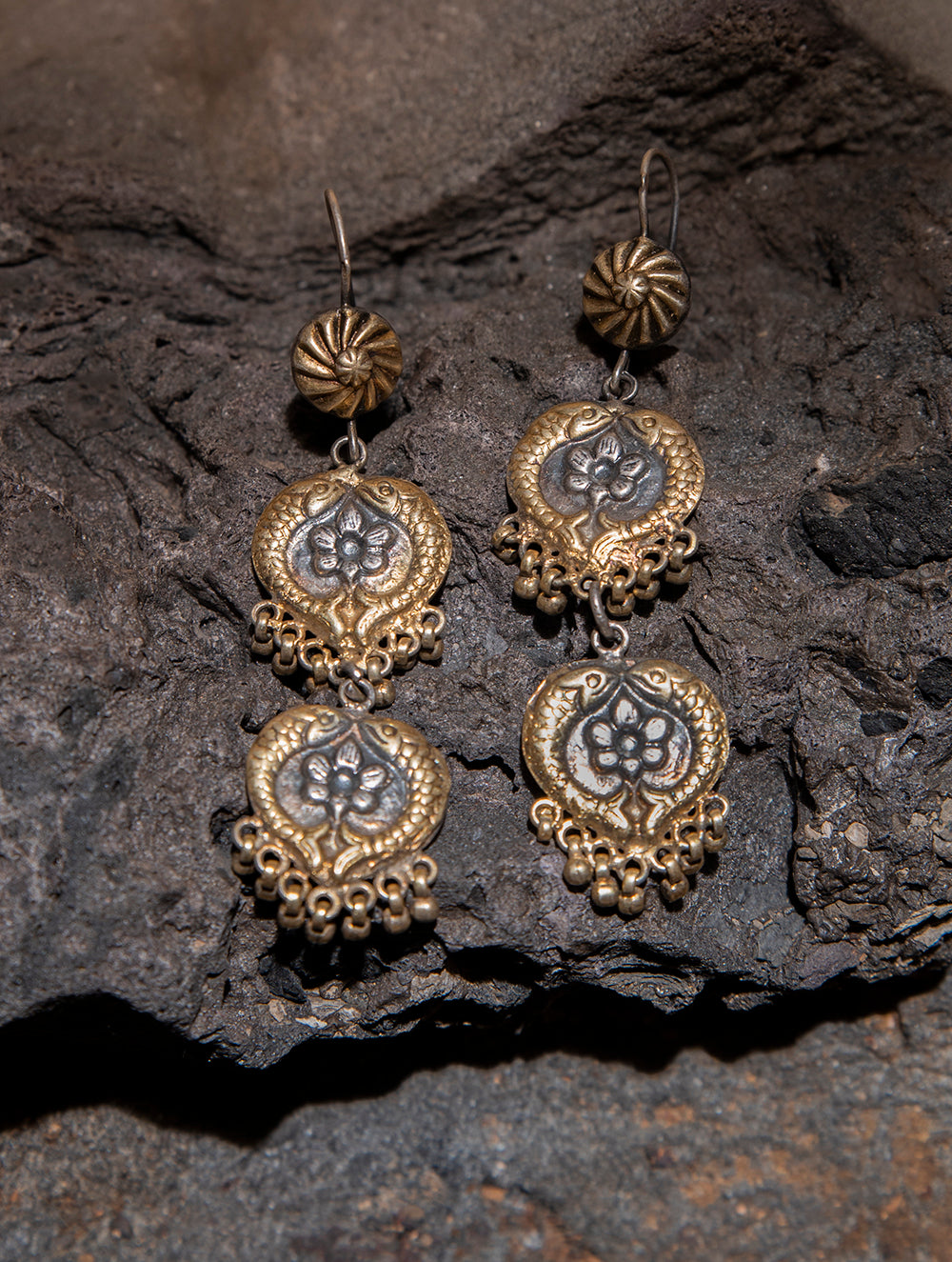 Pure Silver Earrings - Dual Toned Fish & Flower Tier Danglers