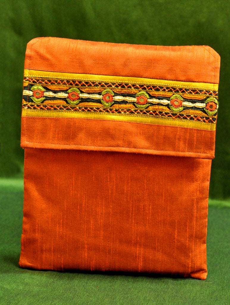 Raw Silk Kutch Embroidered iPad Cover - Orange with Flap - The India Craft House 