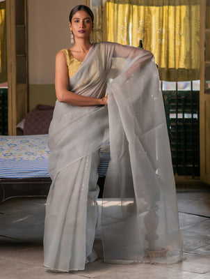 Sheer Elegance. Exclusive Handwoven Resham Silk Saree - Pearl Grey