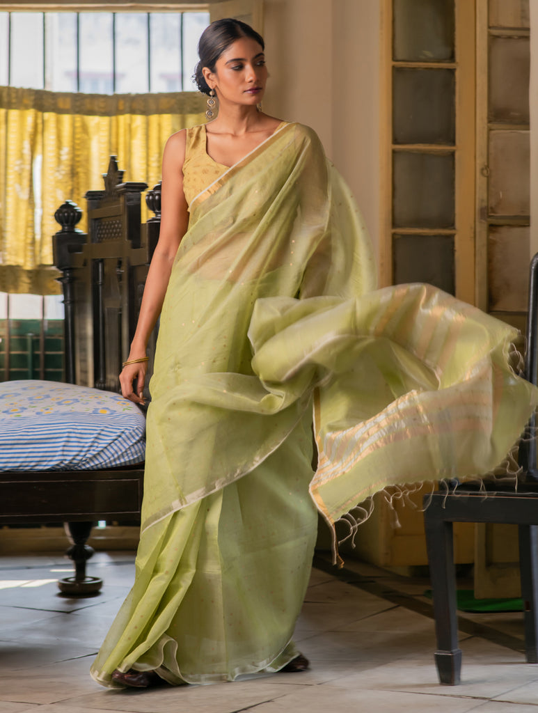 Sheer Elegance. Exclusive Handwoven Resham Silk Saree - Soft Green