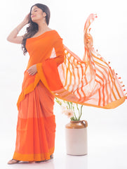 Soft Bengal Handwoven & Kantha Stitch Khadi Cotton Saree - Orange
