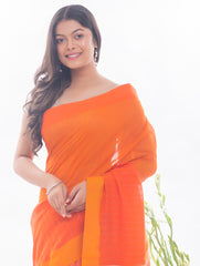 Soft Bengal Handwoven & Kantha Stitch Khadi Cotton Saree - Orange