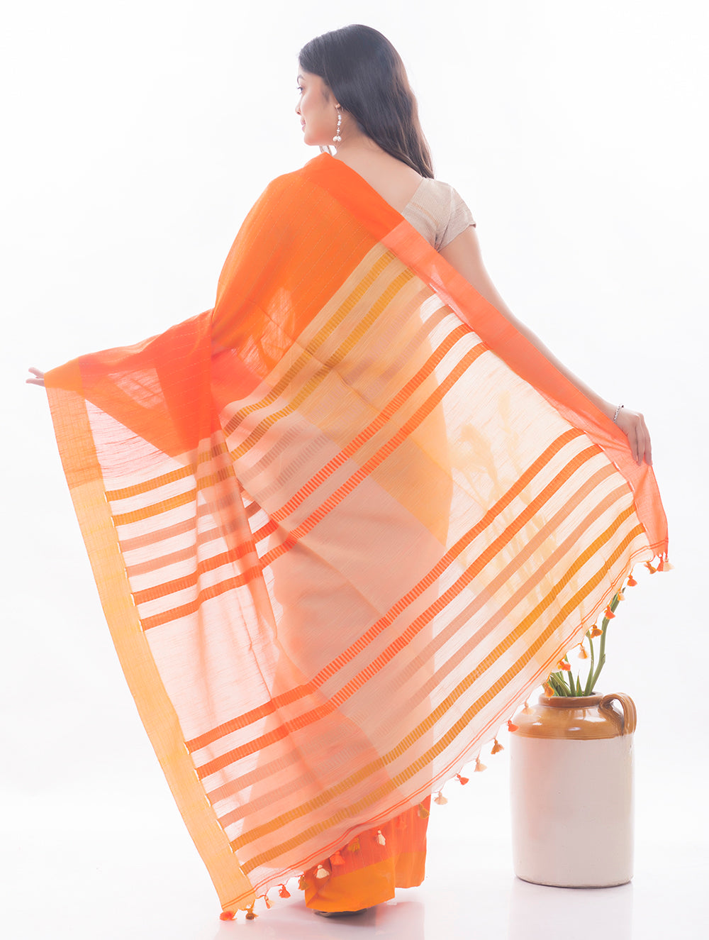 Soft Bengal Handwoven & Kantha Stitch Khadi Cotton Saree - Orange