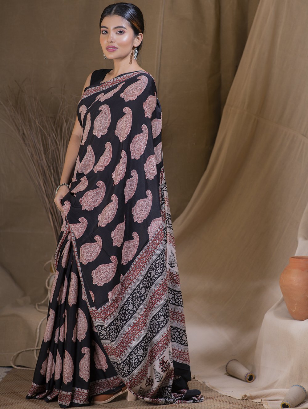 Soft & Flowing Bagru Block Printed Modal Silk Saree - Black Ambi (With Blouse Piece)