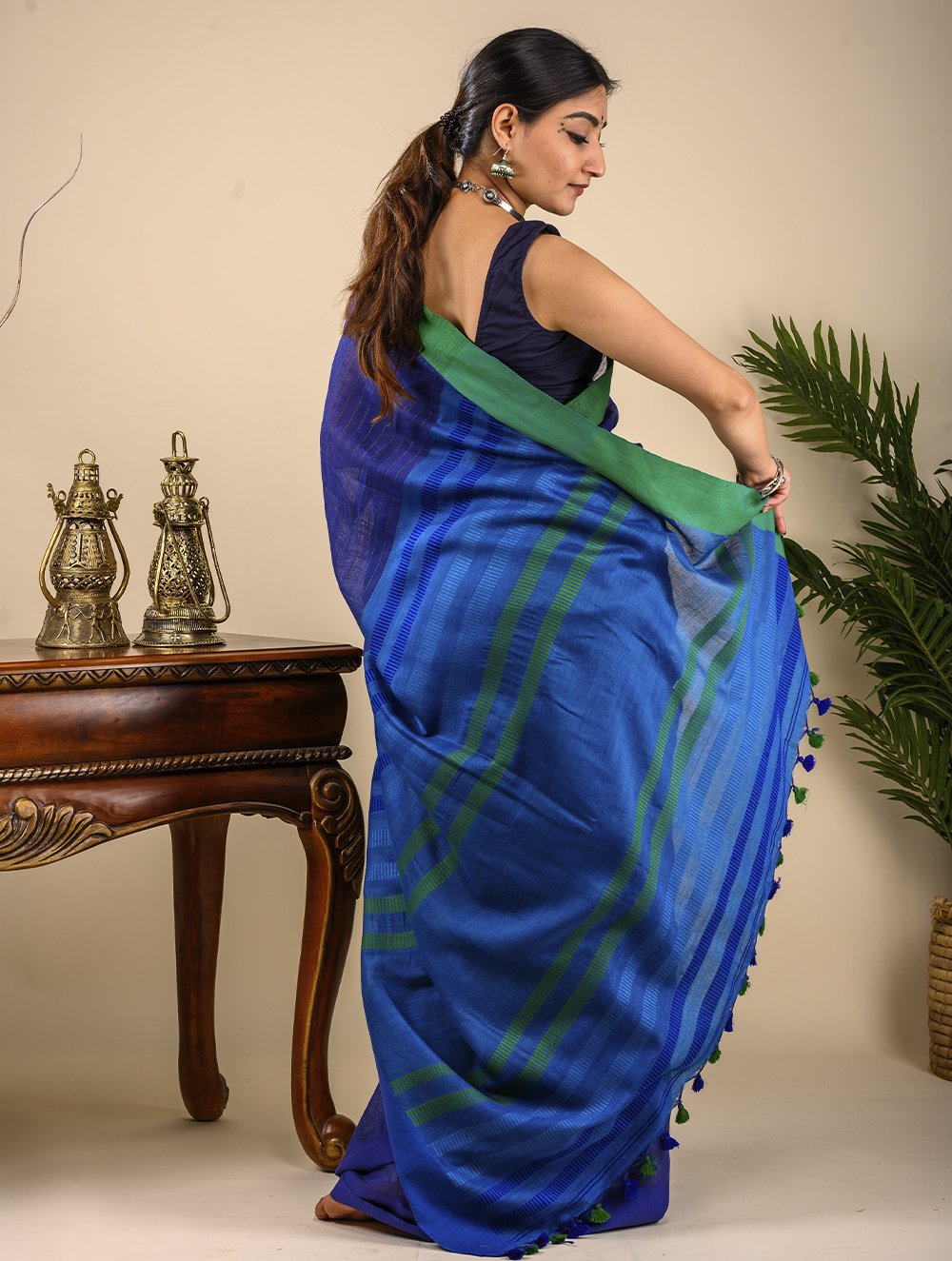 Soft & Graceful. Pure Handwoven Khadi Cotton Saree (With Blouse Piece) - Royal Blue