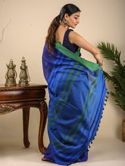Soft & Graceful. Pure Handwoven Khadi Cotton Saree (With Blouse Piece) - Royal Blue