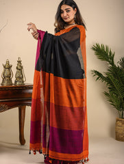 Soft & Striking. Pure Handwoven Linen Saree (With Blouse Piece) - Black Elegance