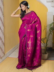 Stunning Beauty. Pure Linen Handwoven Jamdani Saree - Deep Pink & Gold (With Blouse Piece)