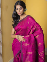 Stunning Beauty. Pure Linen Handwoven Jamdani Saree - Deep Pink & Gold (With Blouse Piece)