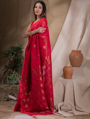 Stunning Beauty. Pure Linen Handwoven Jamdani Saree - Vibrant Red & Gold (With Blouse Piece)