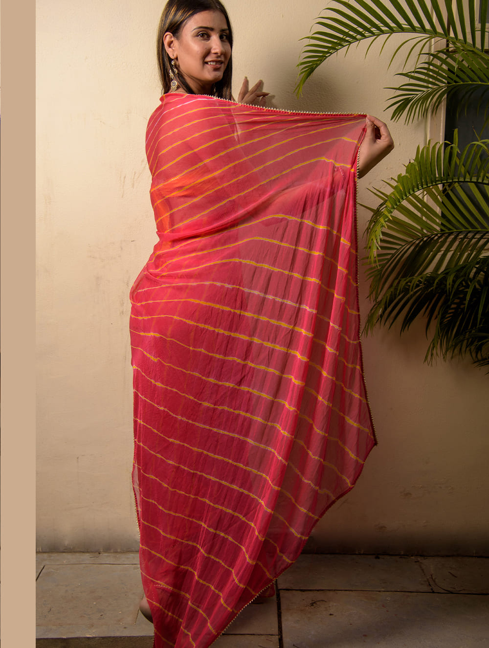 Summer Breeze - Lehariya, Georgette & Gota Saree - Deep Pink (With Blouse Piece)